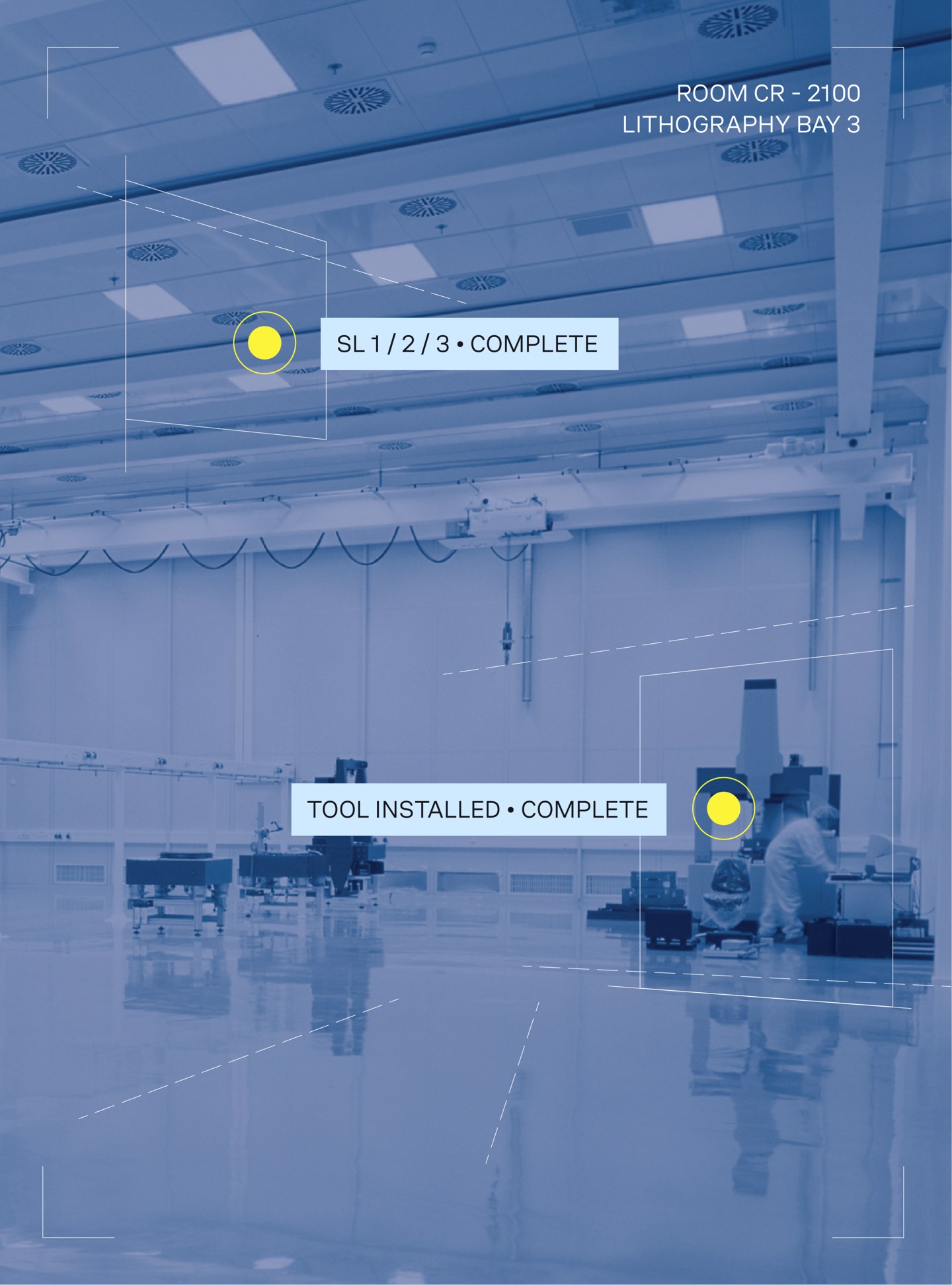 A semiconductor cleanroom with EIDA completion labels overlaid